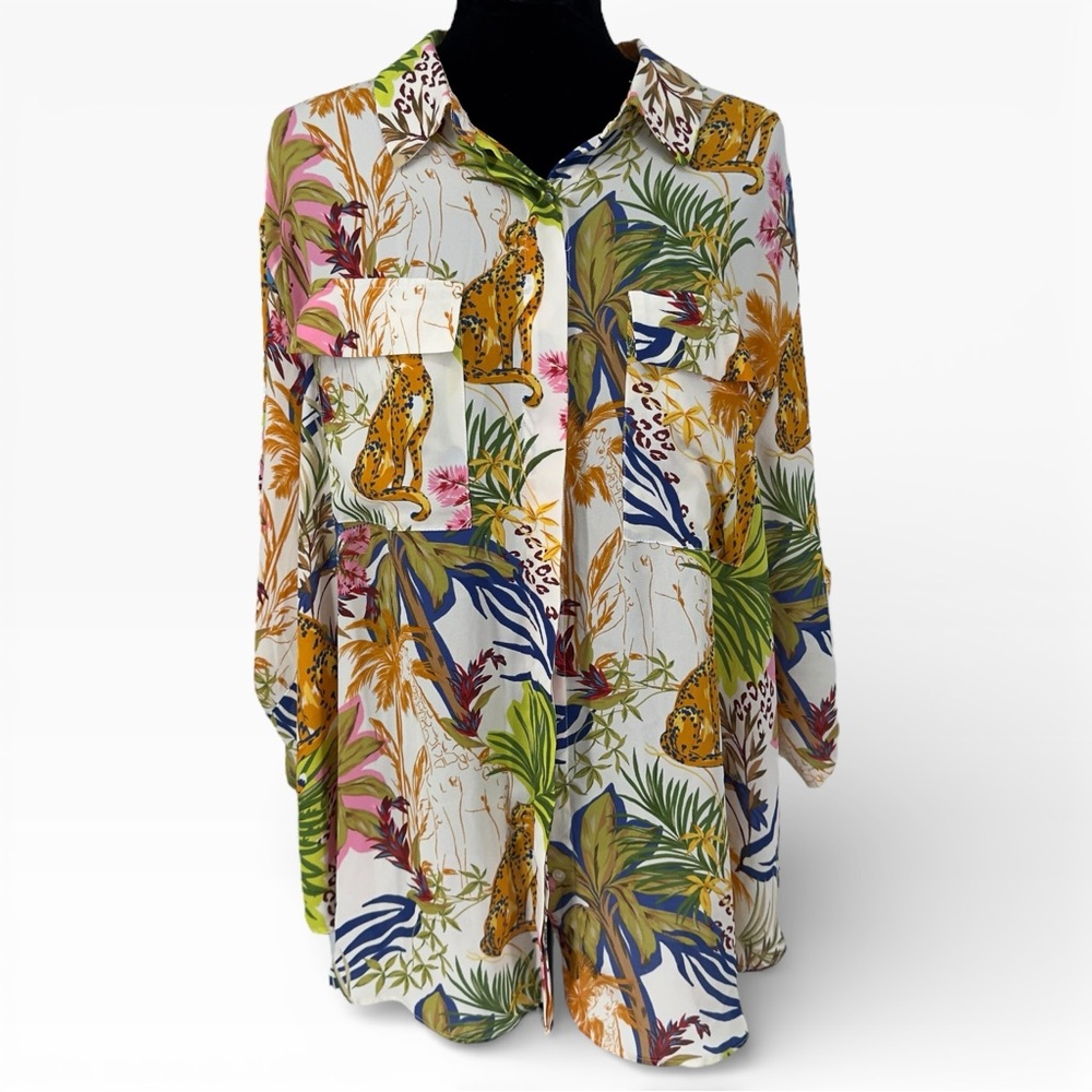 Rose & Olive Women's Top Blouse Tiger Floral Print Size 1X